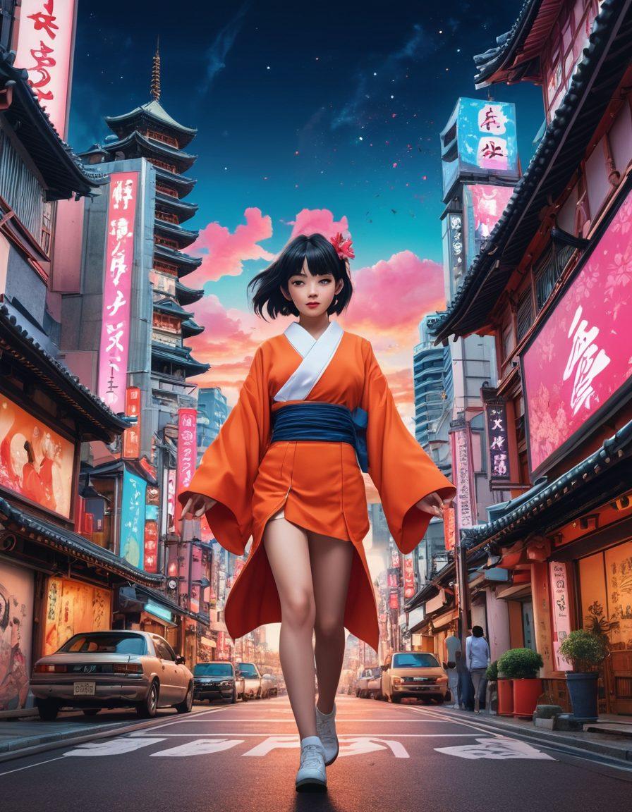 A vibrant collage featuring iconic adult anime characters engaging in dynamic poses, surrounded by film reels and manga panels. The background showcases a surrealistic cityscape blending traditional Japanese elements with futuristic motifs. Bright neon colors highlight the excitement of the genre, while playful symbols and doodles add a whimsical touch. super-realistic. vibrant colors. 3D.